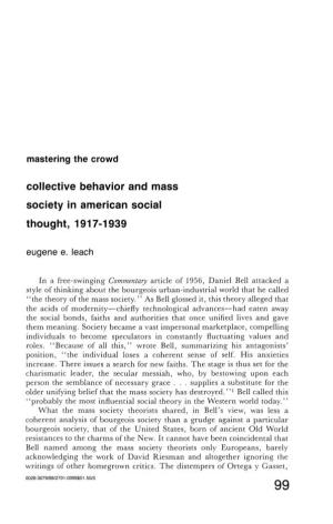 Collective Behavior and Mass Society in American Social Thought, 1917-1939