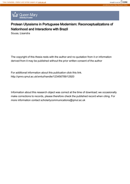Protean Ulyssisms in Portuguese Modernism: Reconceptualizations of Nationhood and Interactions with Brazil Sousa, Lisandra