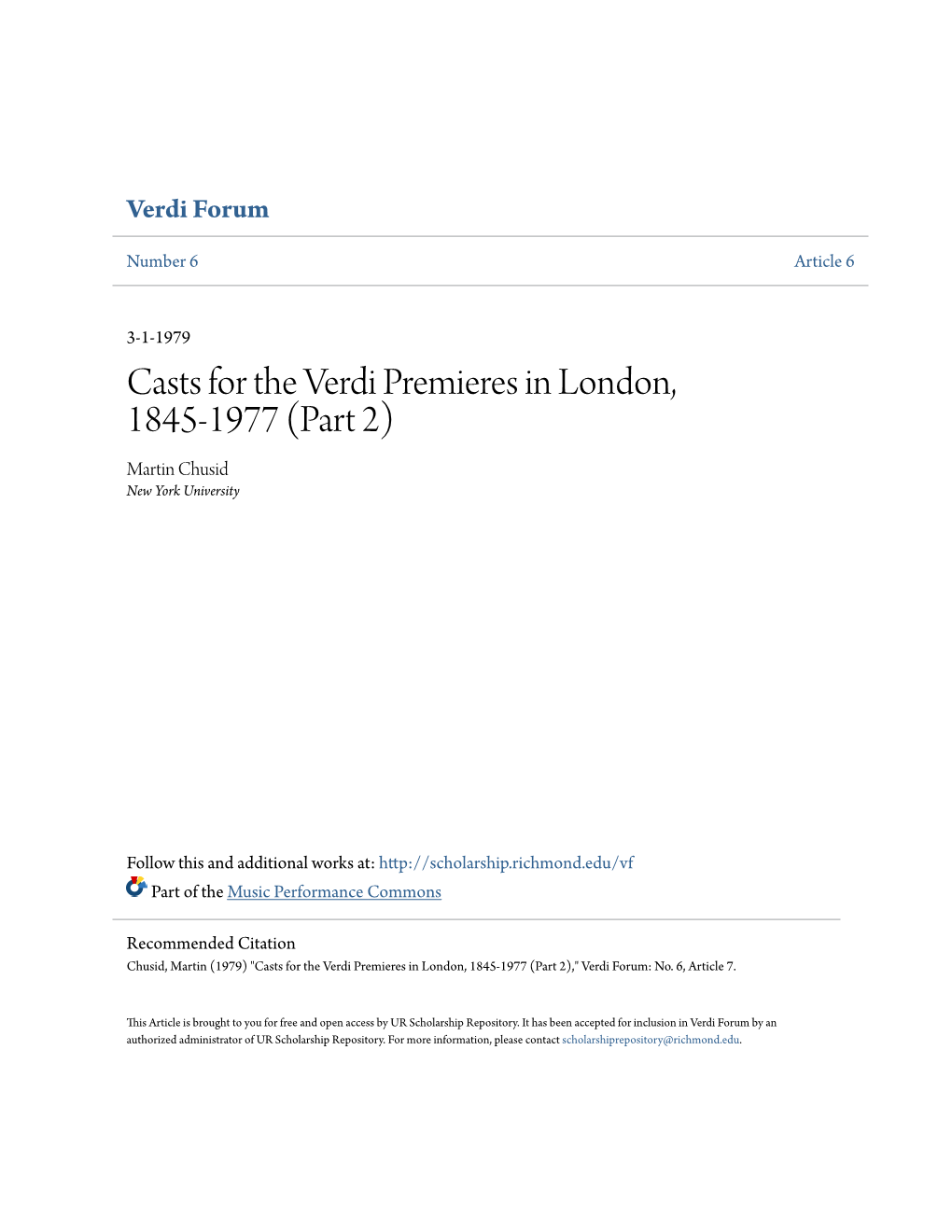 Casts for the Verdi Premieres in London, 1845-1977 (Part 2) Martin Chusid New York University