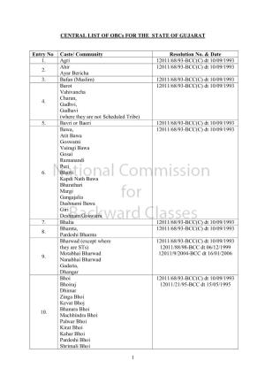 1 CENTRAL LIST of Obcs for the STATE of GUJARAT Entry No Caste