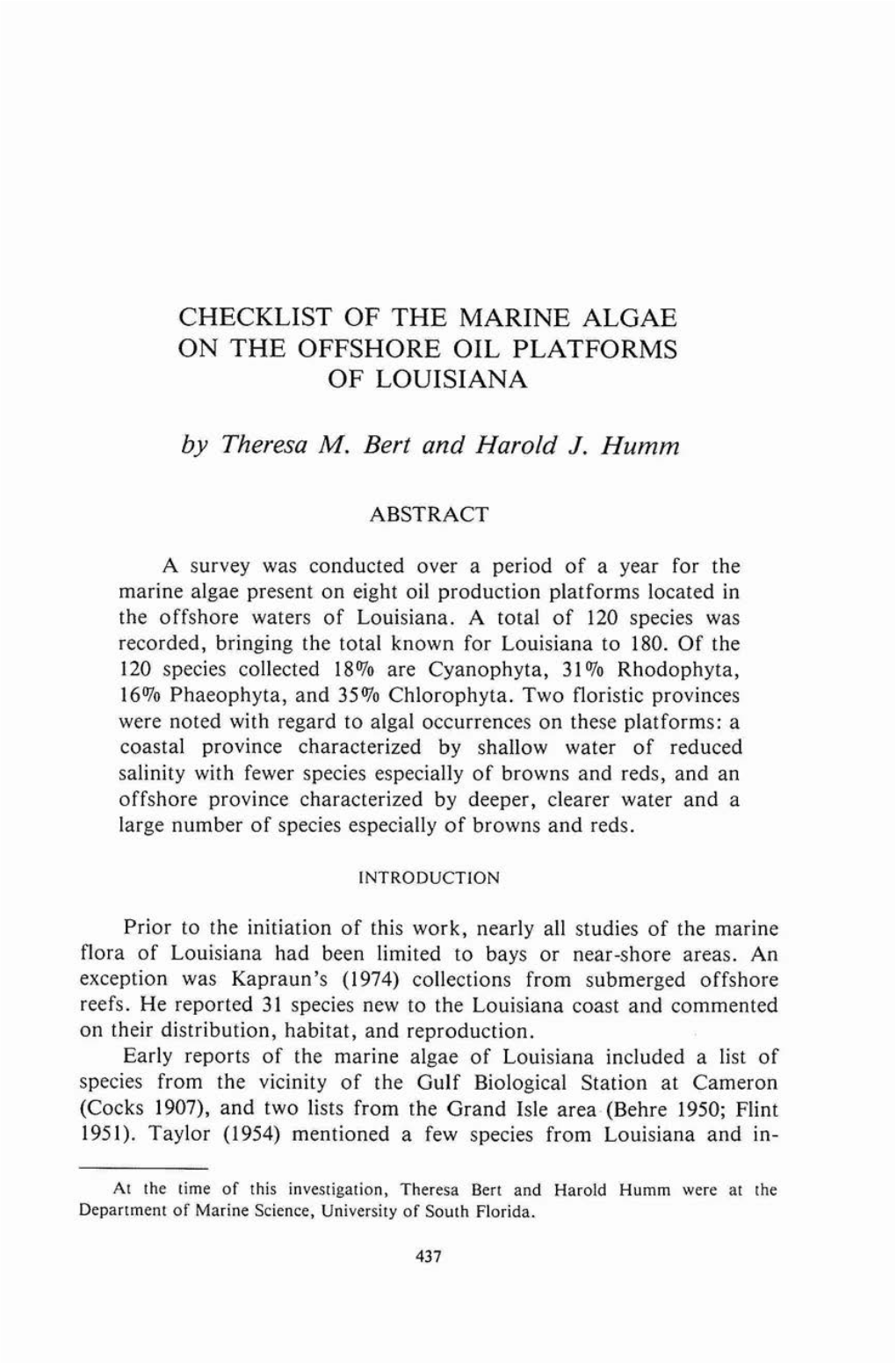 Checklist of the Marine Algae on the Offshore Oil Platforms of Louisiana