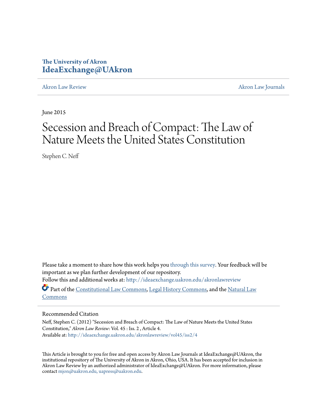 Secession and Breach of Compact: the Law of Nature Meets the United States Constitution Stephen C