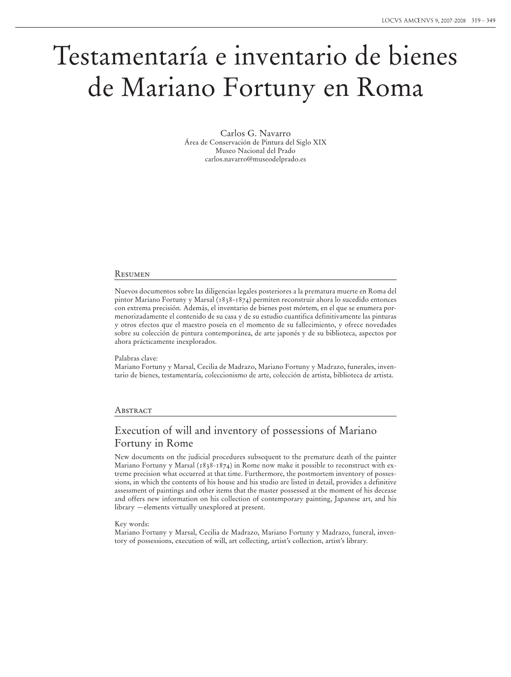 Testamentaría E Inventario De Bienes De Mariano Fortuny En Roma