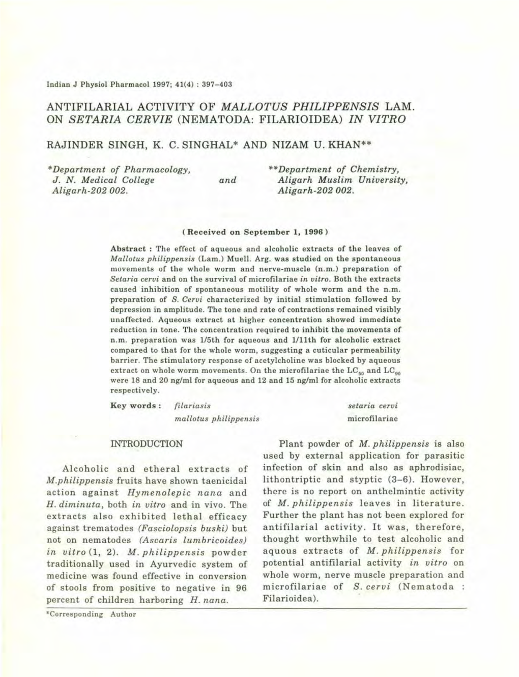 Antifilarial Activity of Mallotus Philippensis Lam. on Setaria Cervie (Nematoda: Filarioidea) in Vitro
