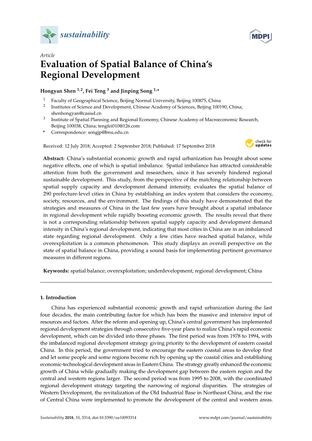 Evaluation of Spatial Balance of China's Regional Development