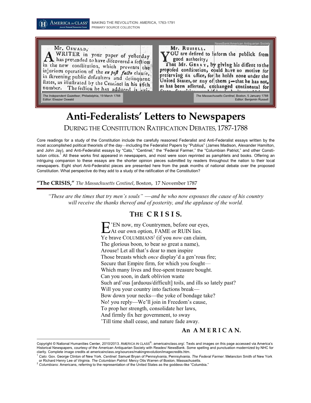 Anti-Federalist Letters to Newspapers on the Proposed Constitution, 1787-88 2 “Ship News,” American Herald, Boston, Massachusetts, 28 January 1788