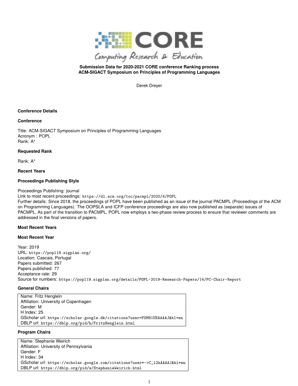 Submission Data for 2020-2021 CORE Conference Ranking Process ACM-SIGACT Symposium on Principles of Programming Languages Derek