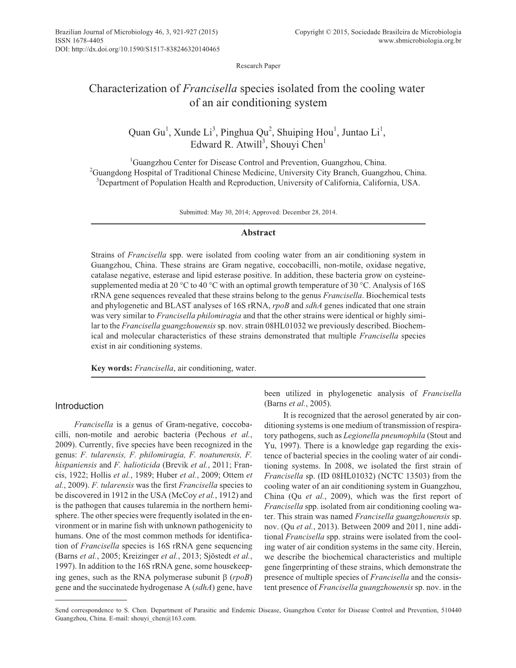 Characterization of Francisella Species Isolated from the Cooling Water of an Air Conditioning System