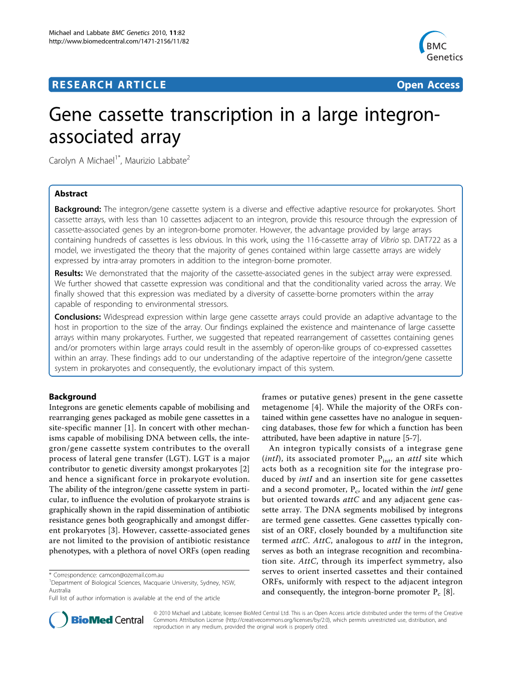 Gene Cassette Transcription in a Large Integron- Associated Array Carolyn a Michael1*, Maurizio Labbate2