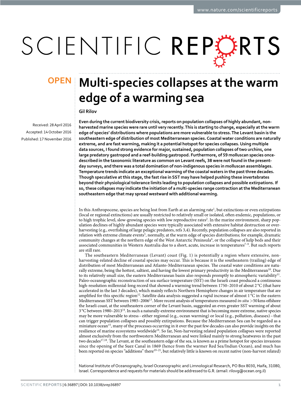 Multi-Species Collapses at the Warm Edge of a Warming Sea Gil Rilov