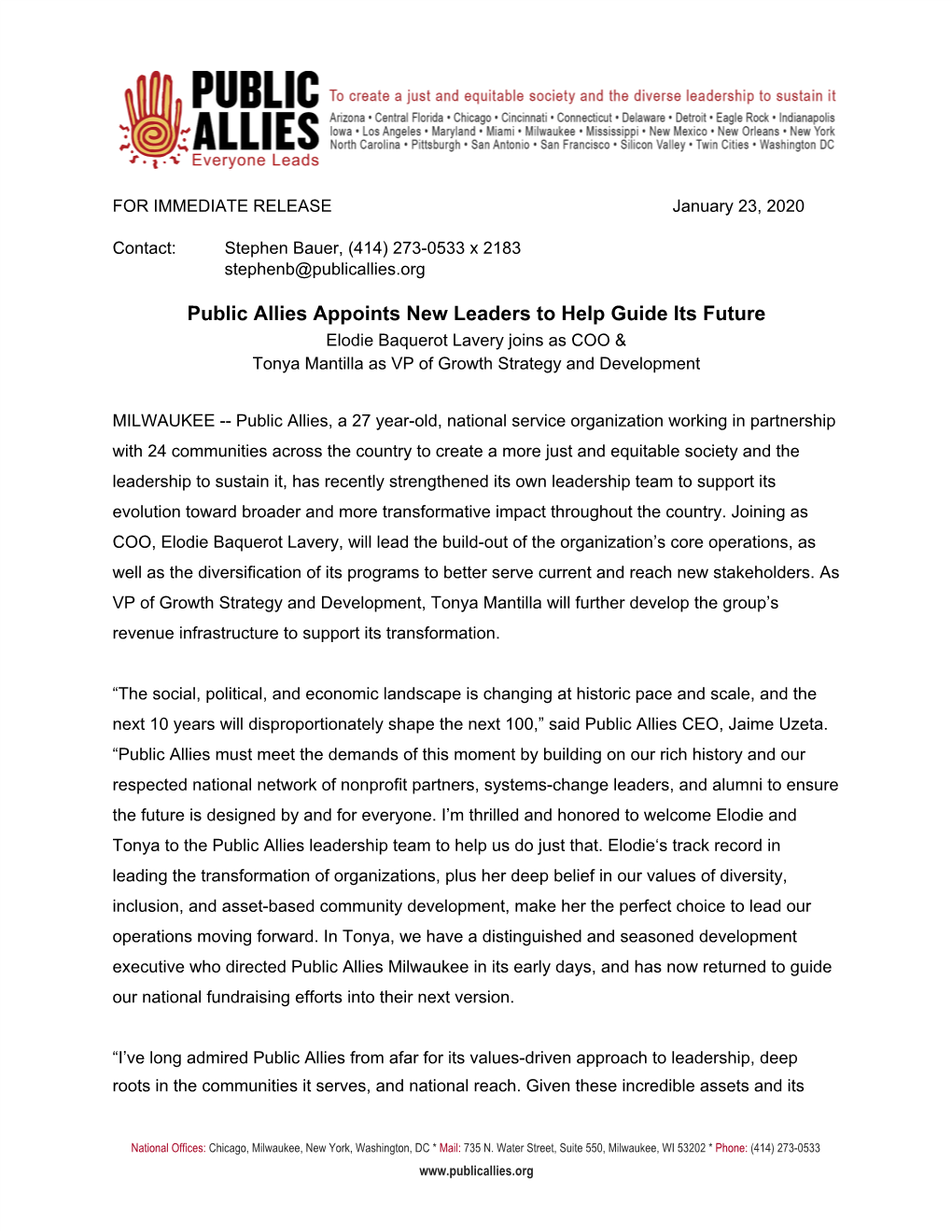 Public Allies Appoints New Leaders to Help Guide Its Future Elodie Baquerot Lavery Joins As COO & Tonya Mantilla As VP of Growth Strategy and Development
