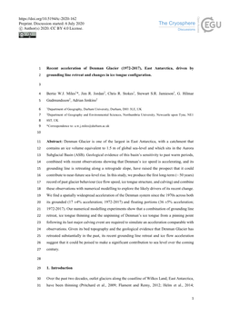 Recent Acceleration of Denman Glacier (1972-2017), East Antarctica, Driven by 2 Grounding Line Retreat and Changes in Ice Tongue Configuration