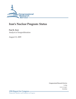 Iran's Nuclear Program: Status”, Congressional Research Service