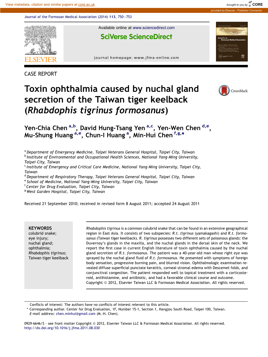 Toxin Ophthalmia Caused by Nuchal Gland Secretion of the Taiwan Tiger Keelback (Rhabdophis Tigrinus Formosanus)