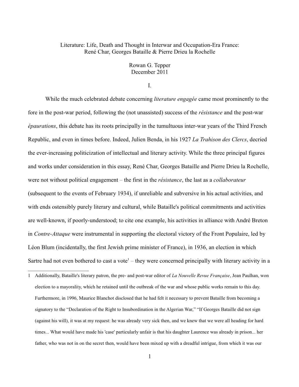 Literature: Life, Death and Thought in Interwar and Occupation-Era France: René Char, Georges Bataille & Pierre Drieu La Rochelle