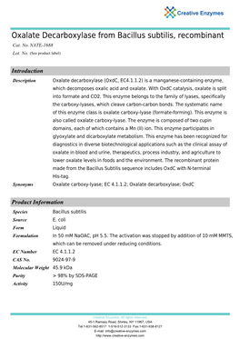 Oxalate Decarboxylase from Bacillus Subtilis, Recombinant Cat