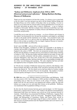 Sydney and Melbourne Anglicans from 1836 to 2009: Historical and Personal Reflections “ Bishop Barbara Darling, Diocese of Melbourne