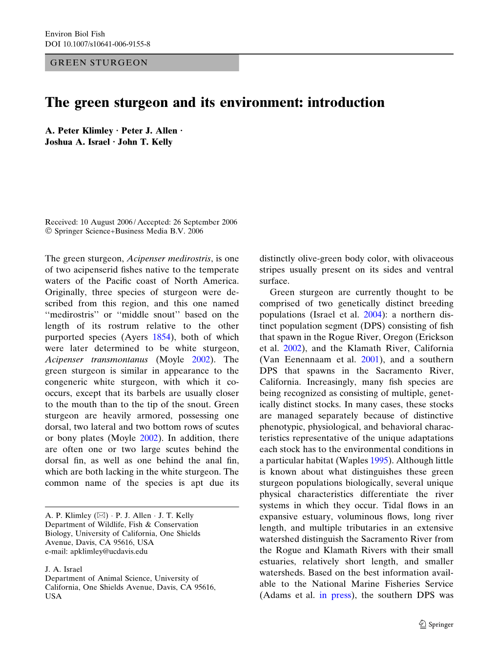 The Green Sturgeon and Its Environment: Introduction