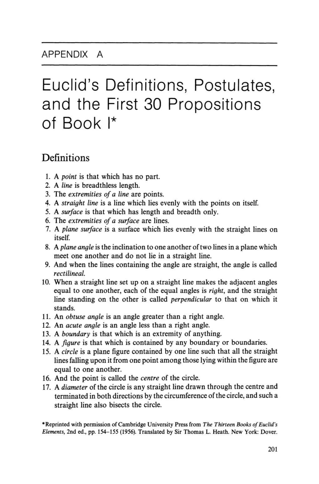 Euclid's Definitions, Postulates, and the First 30 Propositions of Book I*