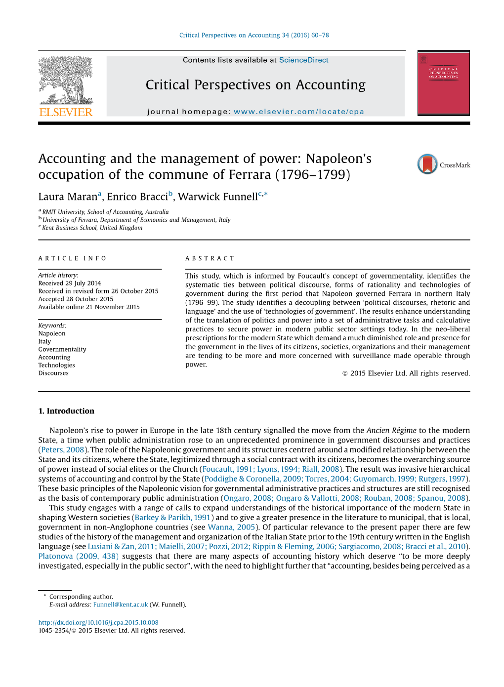 Accounting and the Management of Power: Napoleon's Occupation of the Commune of Ferrara (1796–1799)