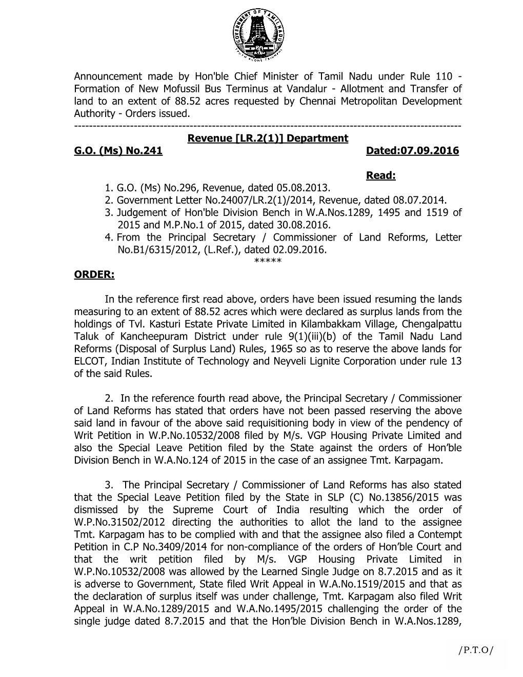 Formation of New Mofussil Bus Terminus at Vandalur