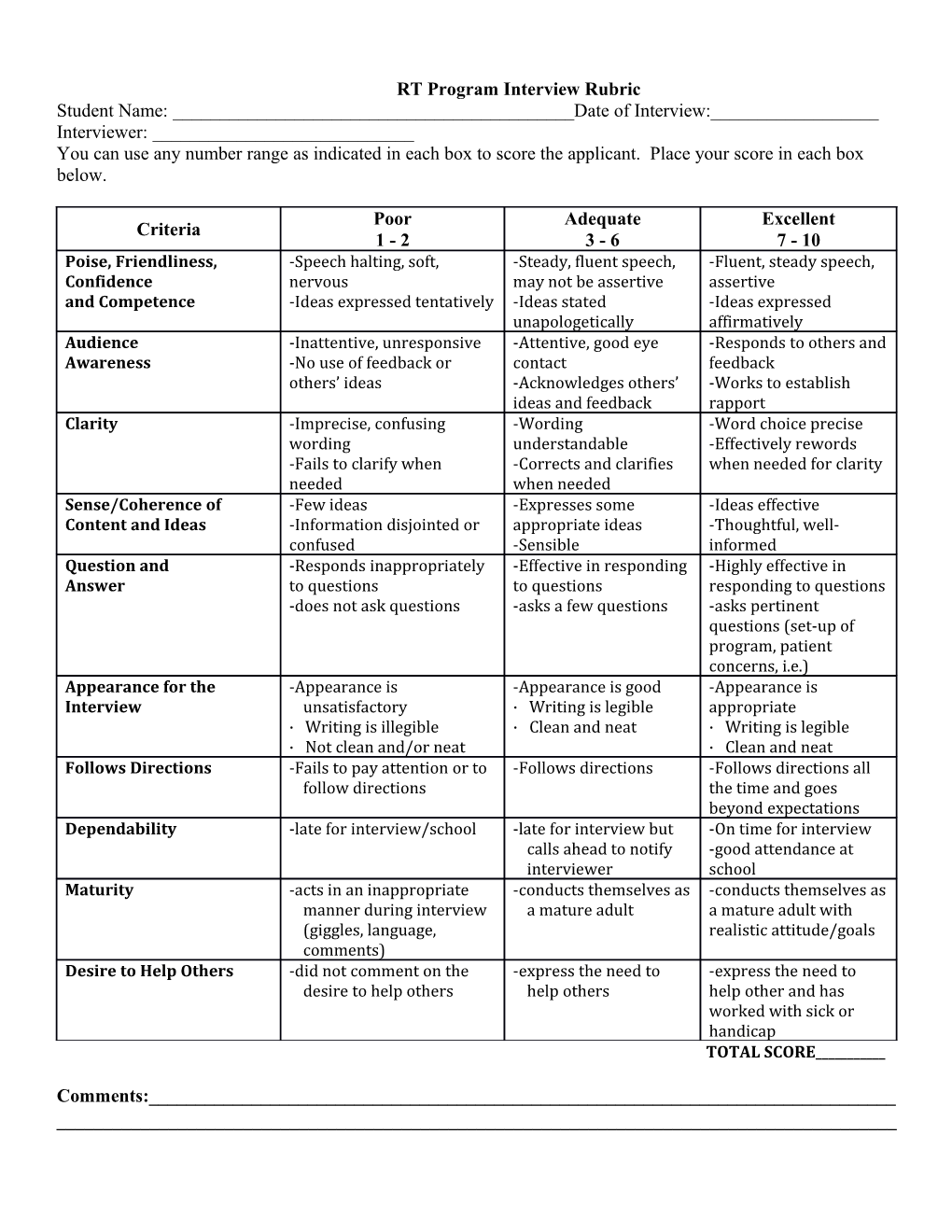 RT Program Interview Rubric