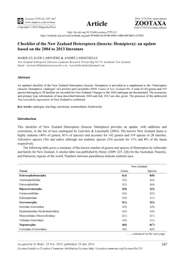 Checklist of the New Zealand Heteroptera (Insecta: Hemiptera): an Update Based on the 2004 to 2013 Literature