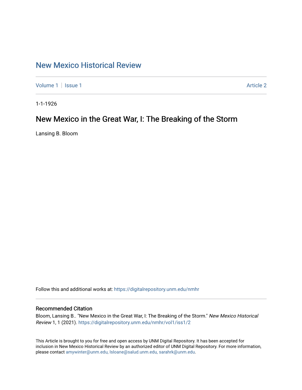 New Mexico in the Great War, I: the Breaking of the Storm