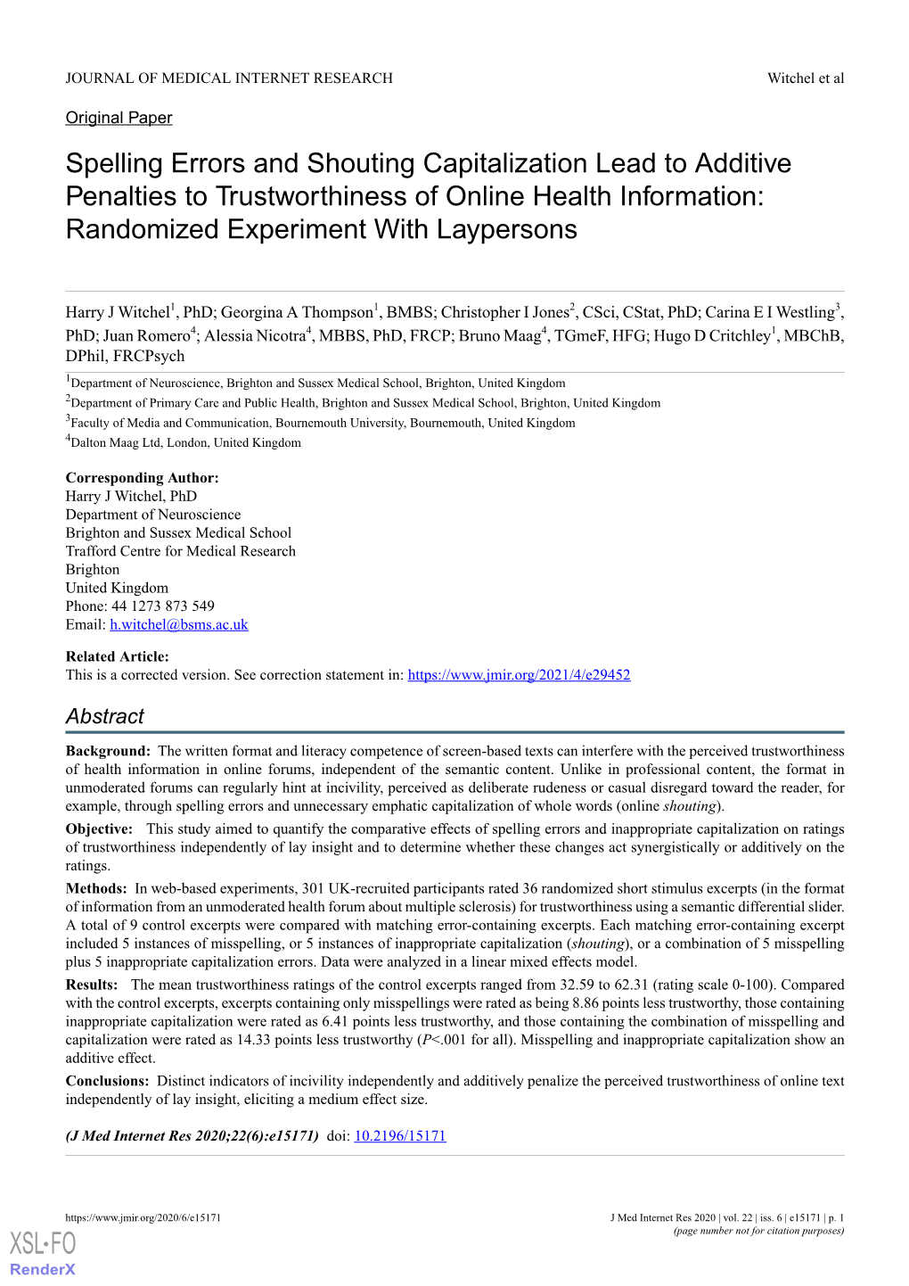 Spelling Errors and Shouting Capitalization Lead to Additive Penalties to Trustworthiness of Online Health Information: Randomized Experiment with Laypersons