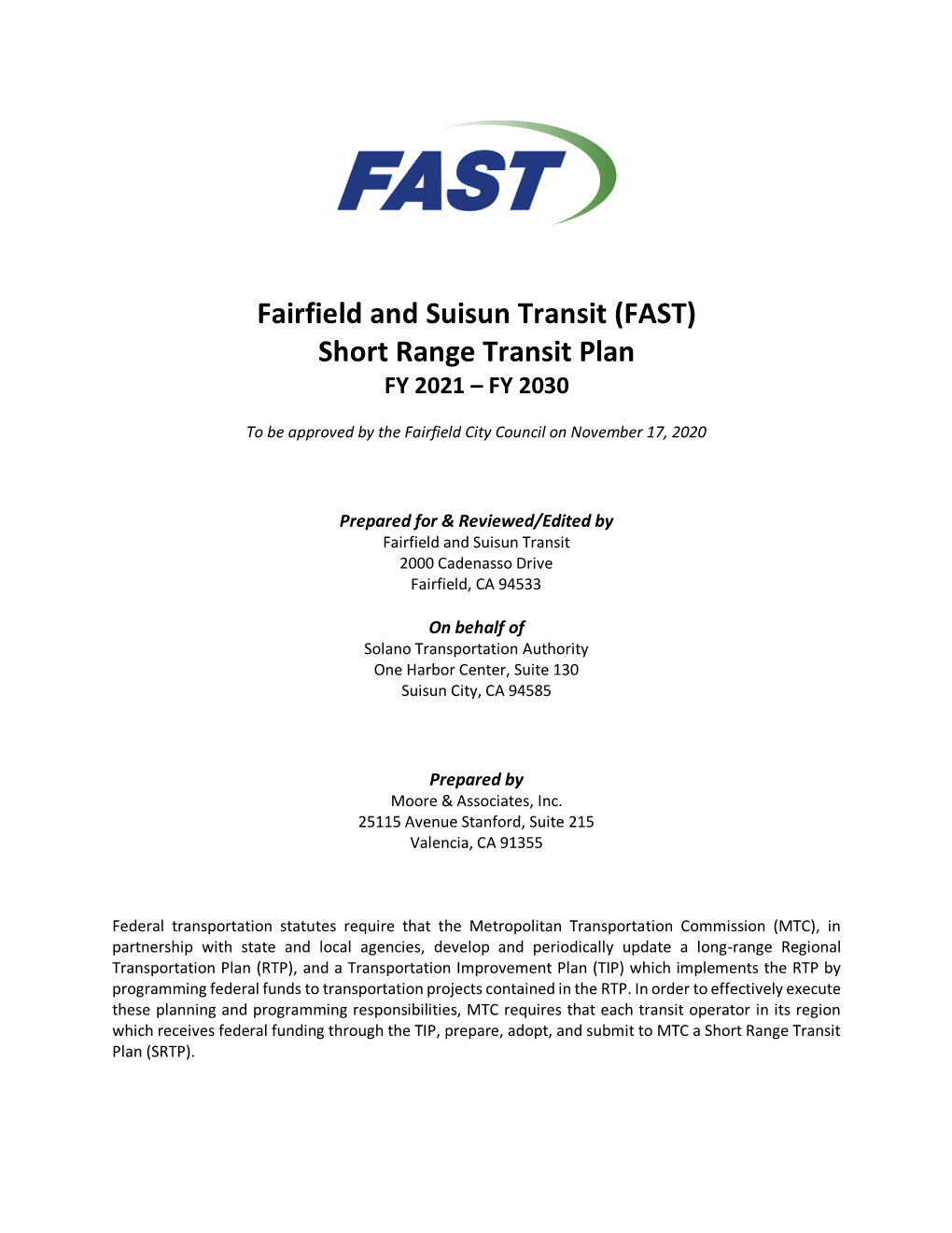 Fairfield and Suisun Transit (FAST) Short Range Transit Plan FY 2021 – FY 2030