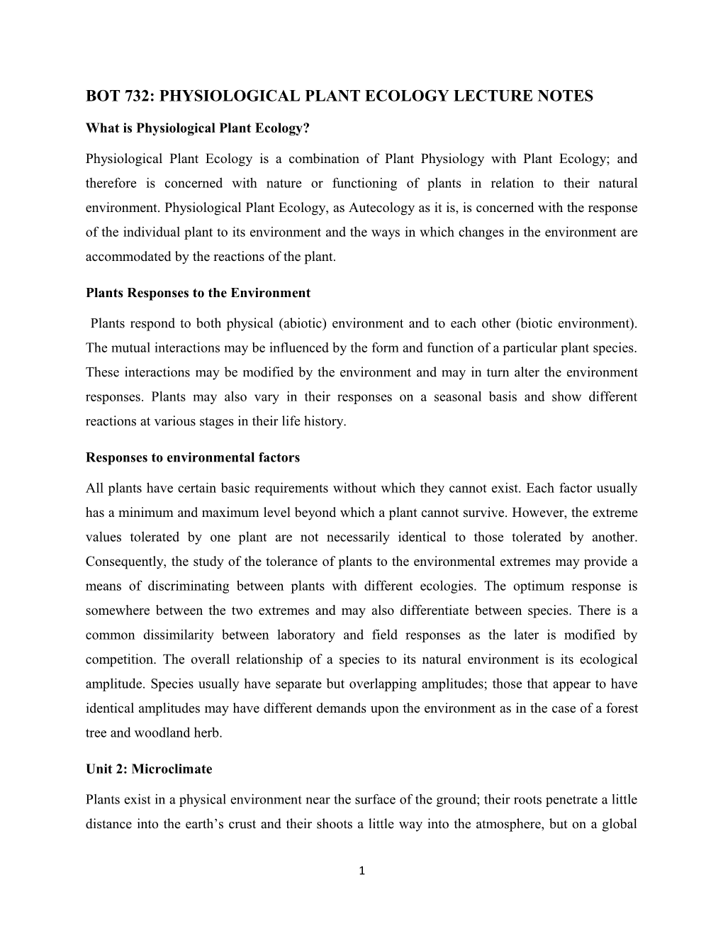 Bot 732: Physiological Plant Ecology Lecture Notes