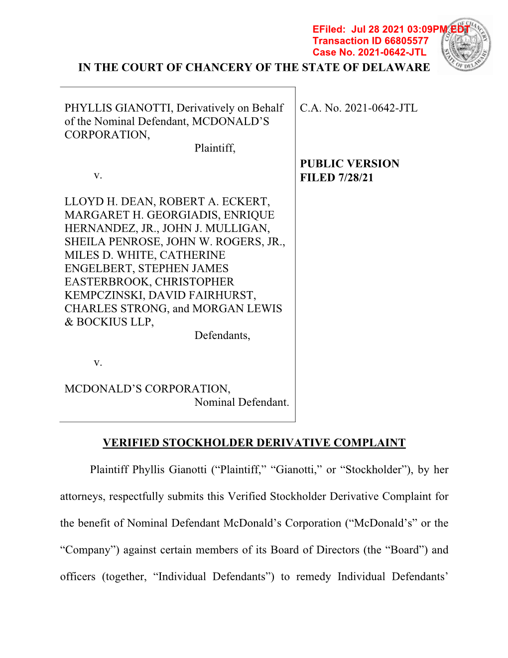 SECURITIES MCDONALDS DERIVATIVE SUIT Complaint.Pdf