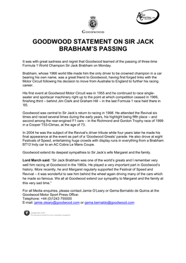 Goodwood Statement on Sir Jack Brabham's Passing