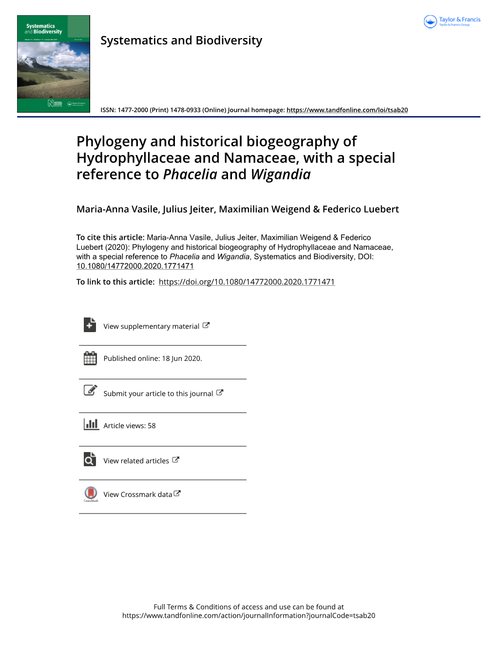 Phylogeny and Historical Biogeography of Hydrophyllaceae and Namaceae, with a Special Reference to Phacelia and Wigandia