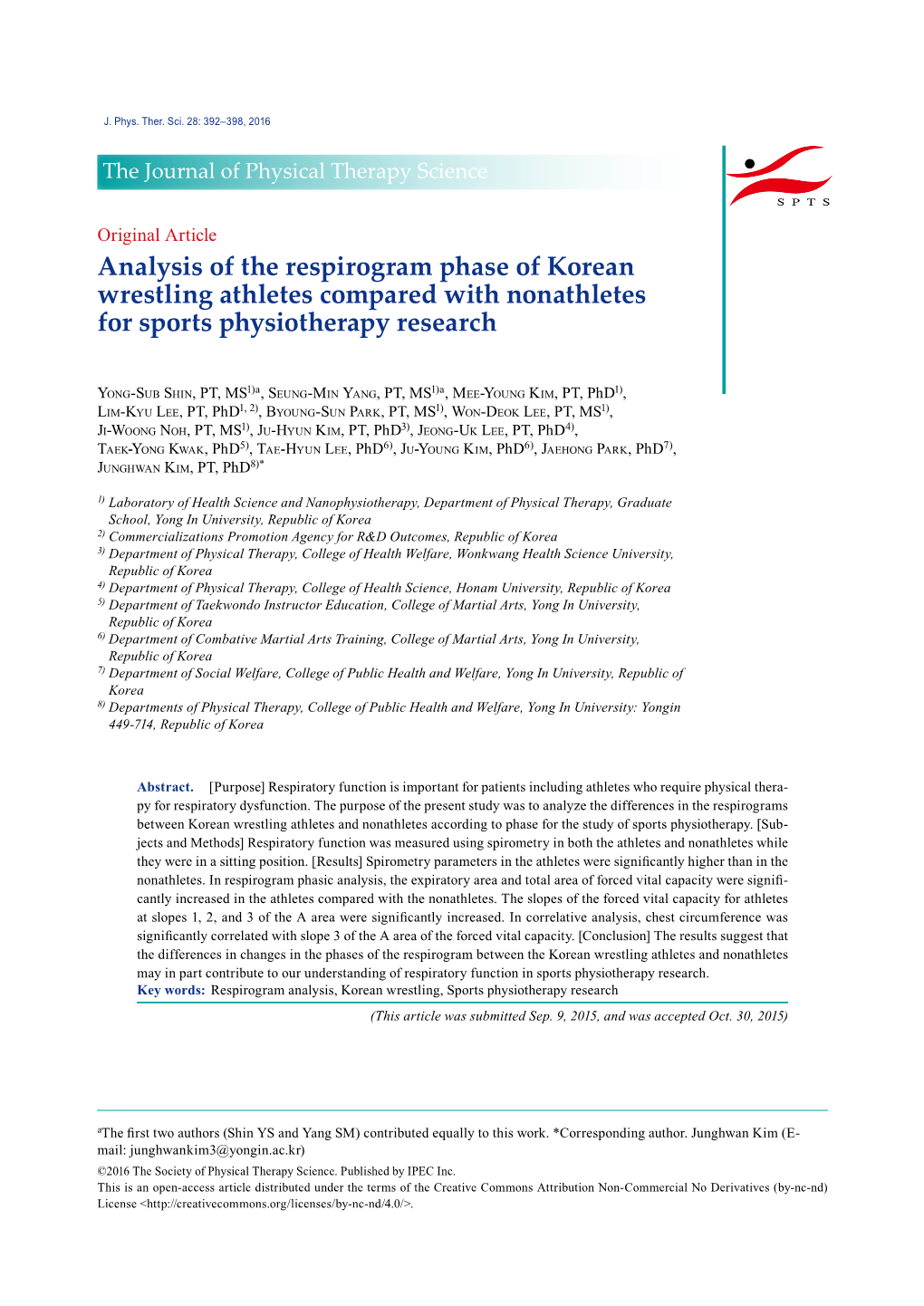 Analysis of the Respirogram Phase of Korean Wrestling Athletes Compared with Nonathletes for Sports Physiotherapy Research