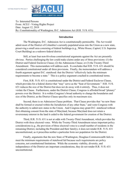 August 12, 2019 Re: Constitutionality of Washington, DC Admis