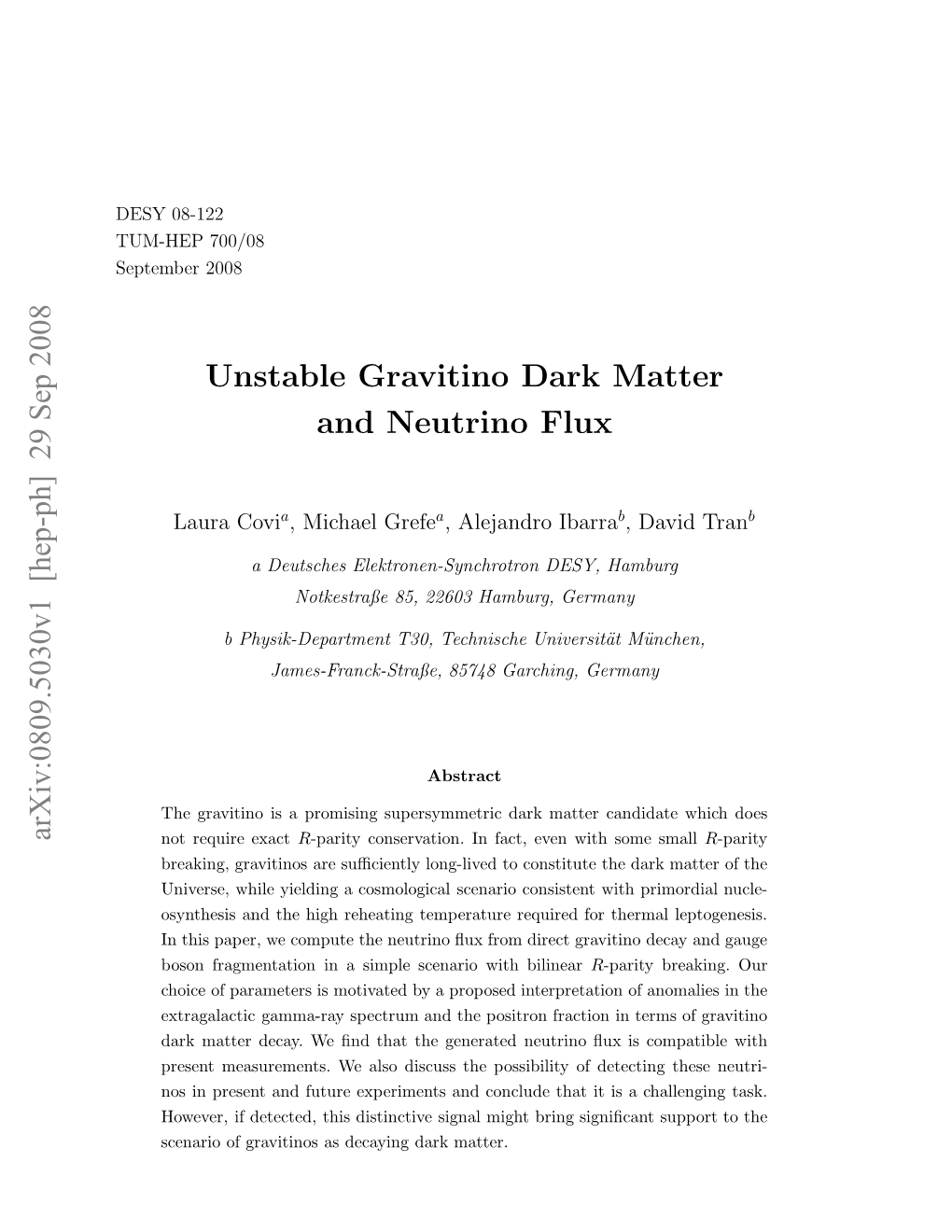 Arxiv:0809.5030V1 [Hep-Ph] 29 Sep 2008 Unstable Gravitino Dark Matter and Neutrino Flux