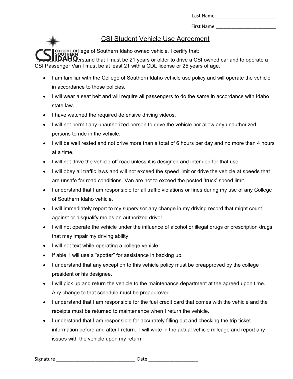 CSI Student Vehicle Use Agreement