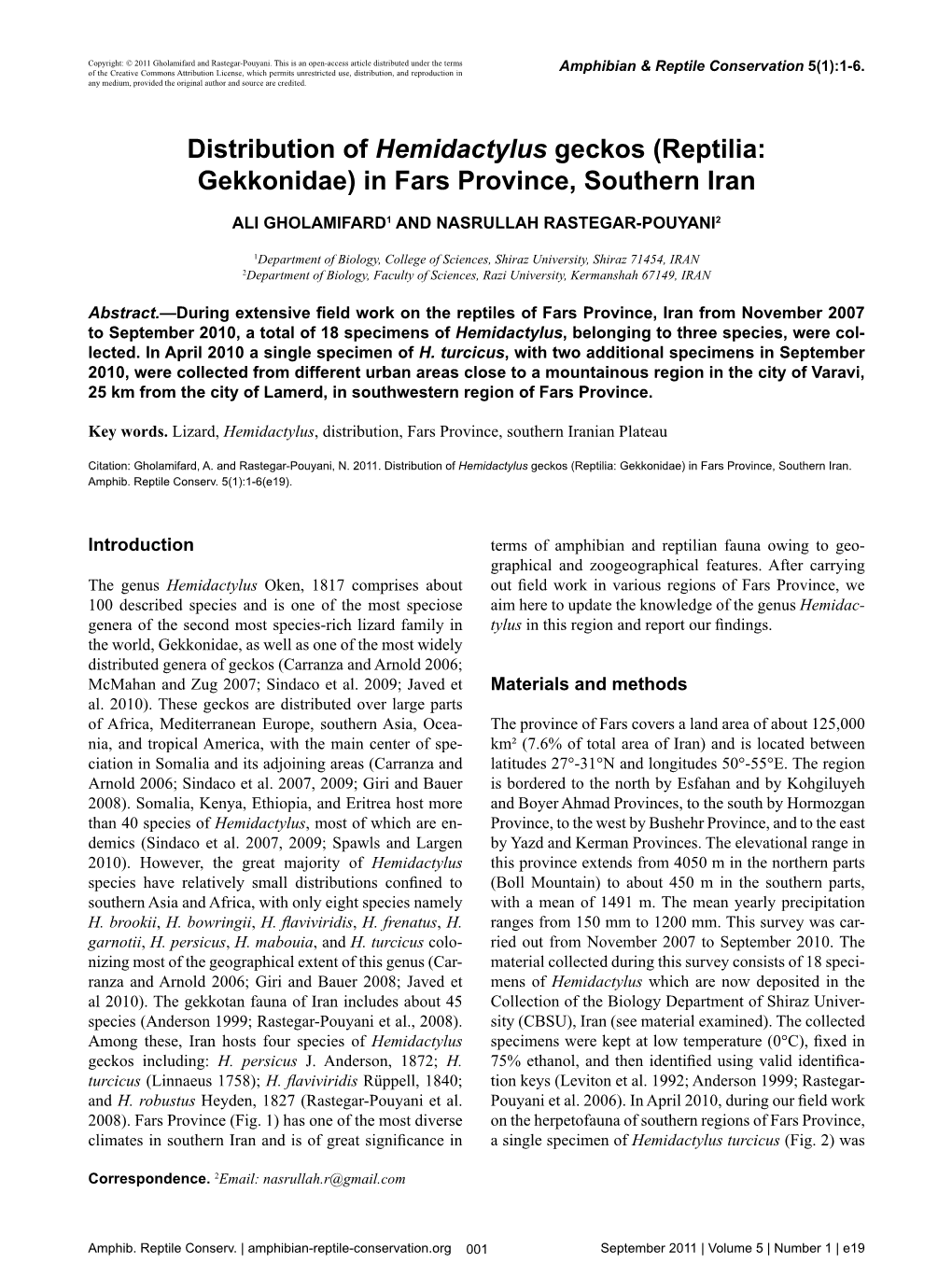 Distribution of Hemidactylus Geckos (Reptilia: Gekkonidae) in Fars Province, Southern Iran