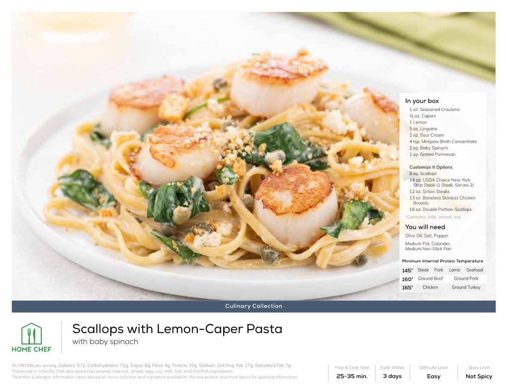 Scallops with Lemon-Caper Pasta with Baby Spinach