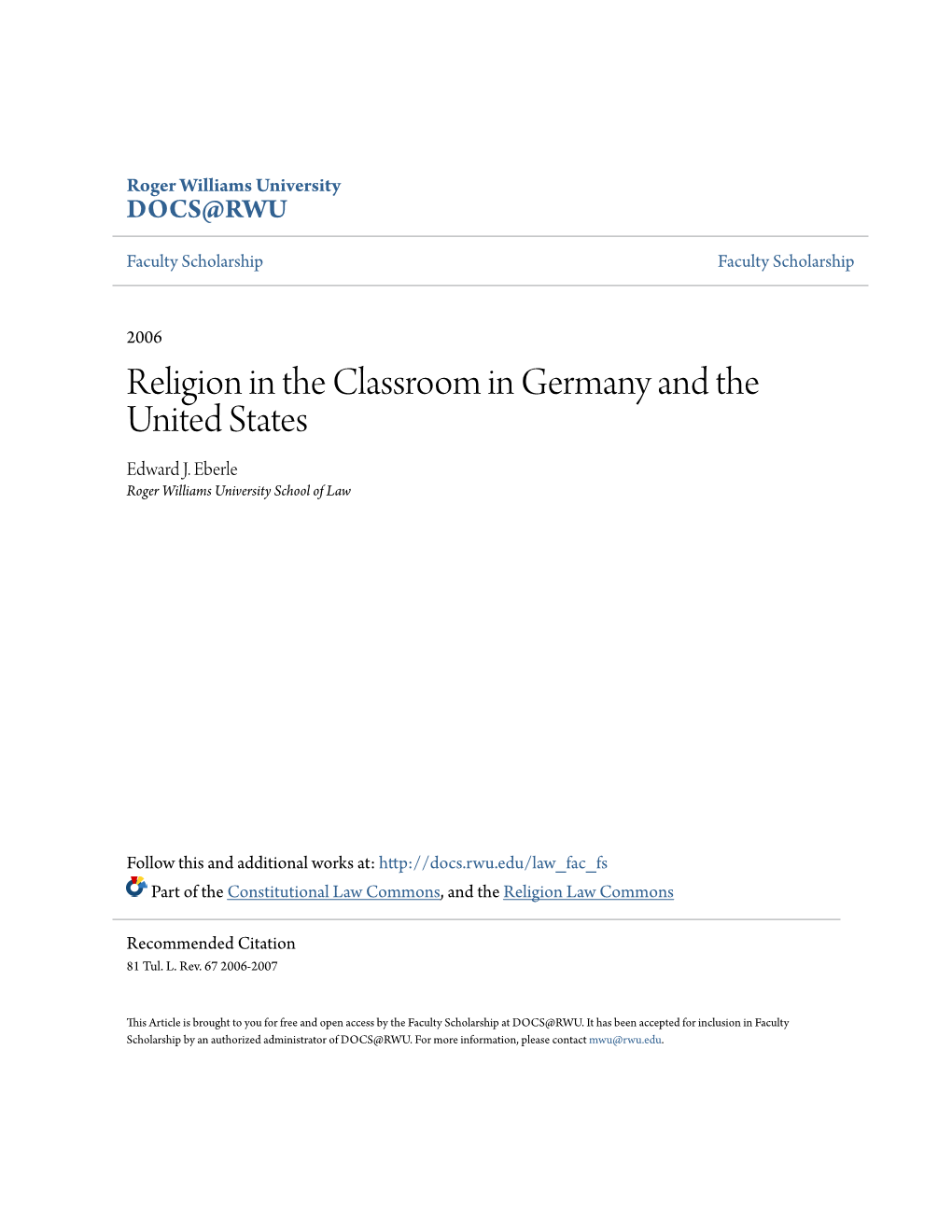 Religion in the Classroom in Germany and the United States Edward J