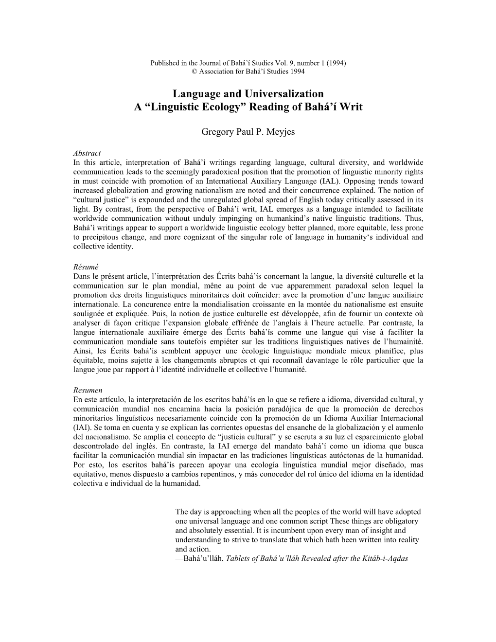 Language and Universalization a “Linguistic Ecology” Reading of Bahá’Í Writ