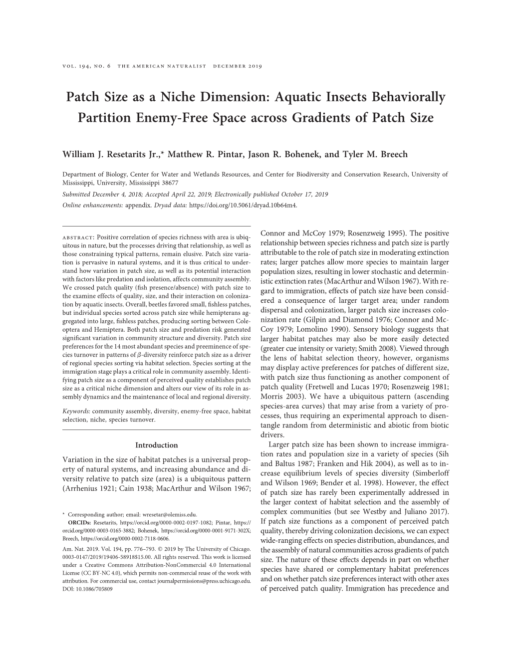 Aquatic Insects Behaviorally Partition Enemy-Free Space Across Gradients of Patch Size