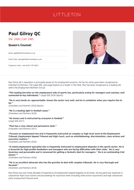Paul Gilroy QC Silk: 2006 | Call: 1985