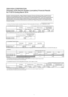 OBAYASHI CORPORATION Summary of the Second Quarter (Cumulative) Financial Results for FY2015 Ending March 2016