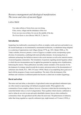 Resource Management and Ideological Manifestation. the Towns and Cities of Ancient Egypt