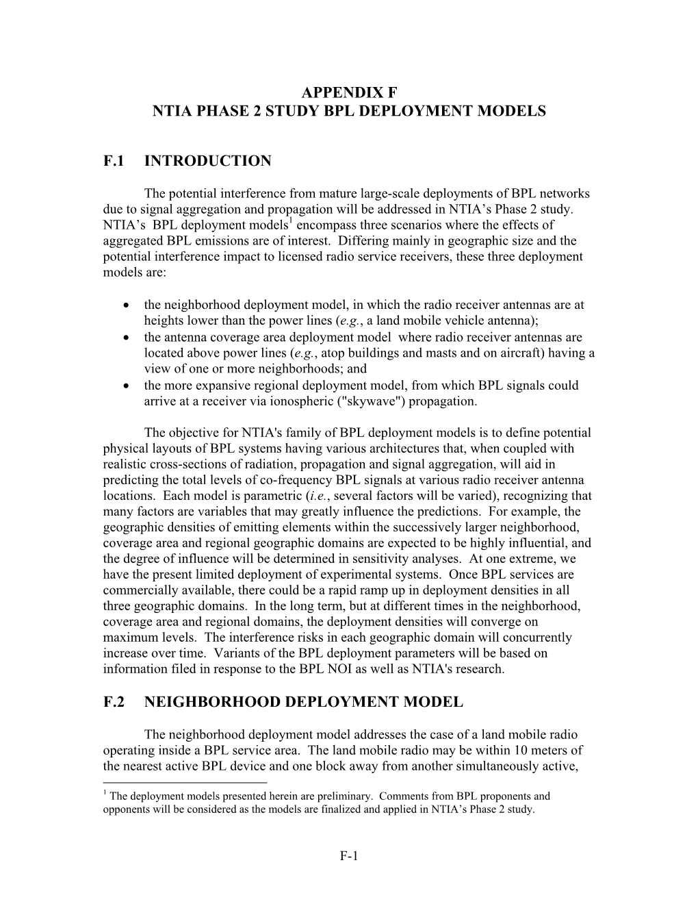 Appendix F Ntia Phase 2 Study Bpl Deployment Models