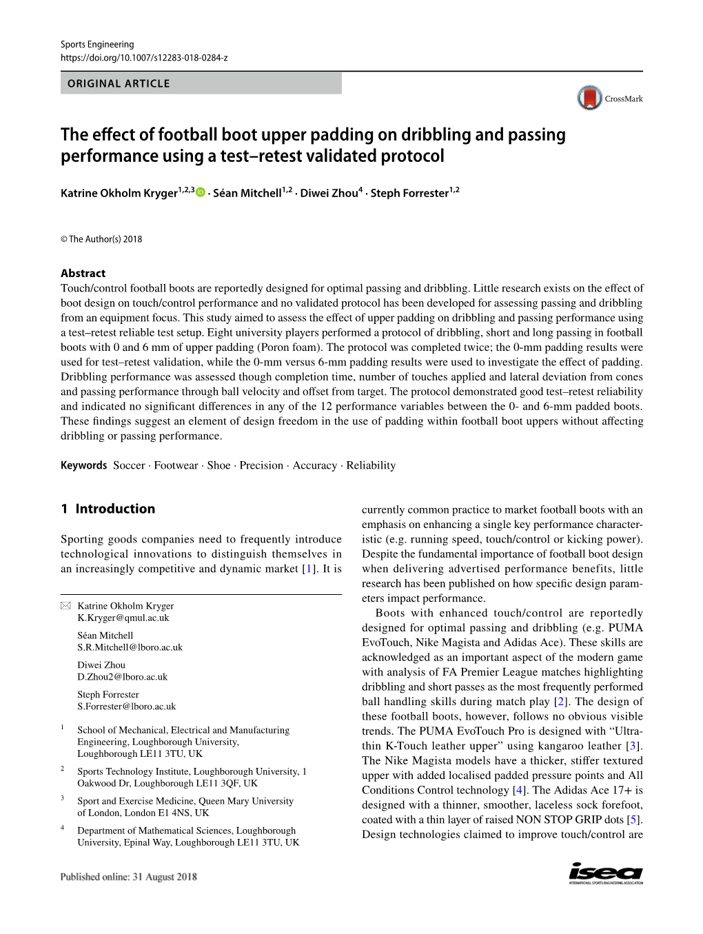 The Effect of Football Boot Upper Padding on Dribbling and Passing Performance Using a Test–Retest Validated Protocol