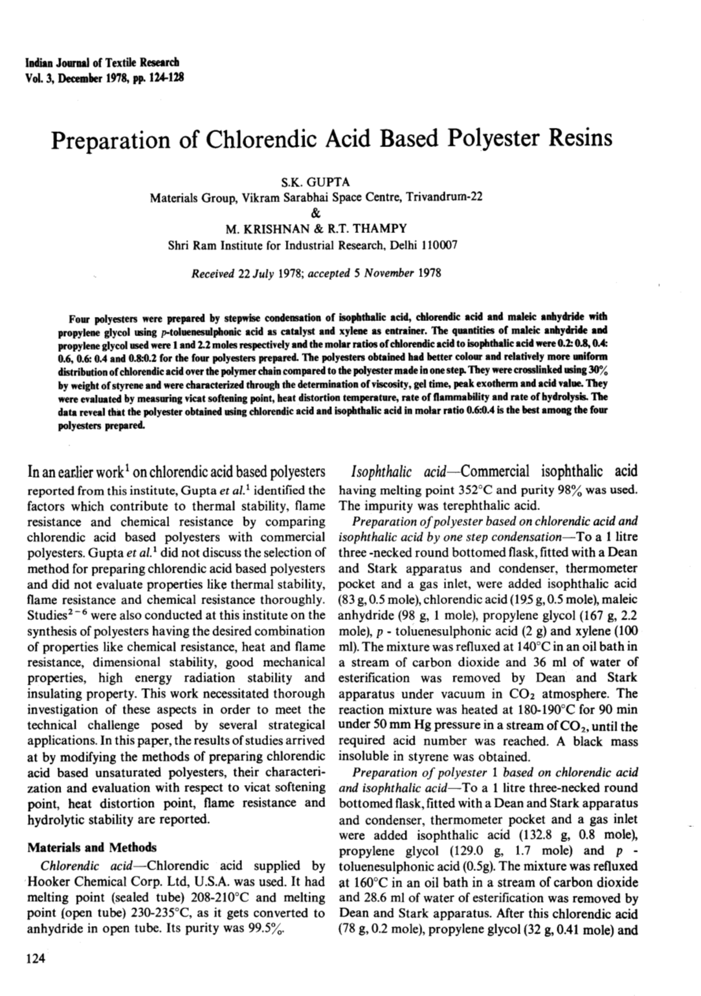 Preparation of Chlorendic Acid Based Polyester Resins