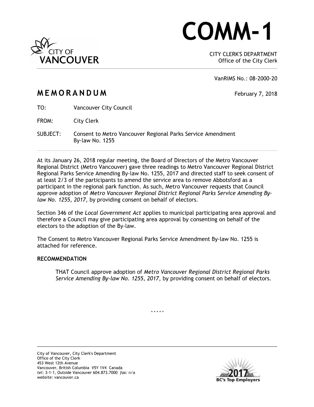 Metro Van Regional Parks Service Amendment